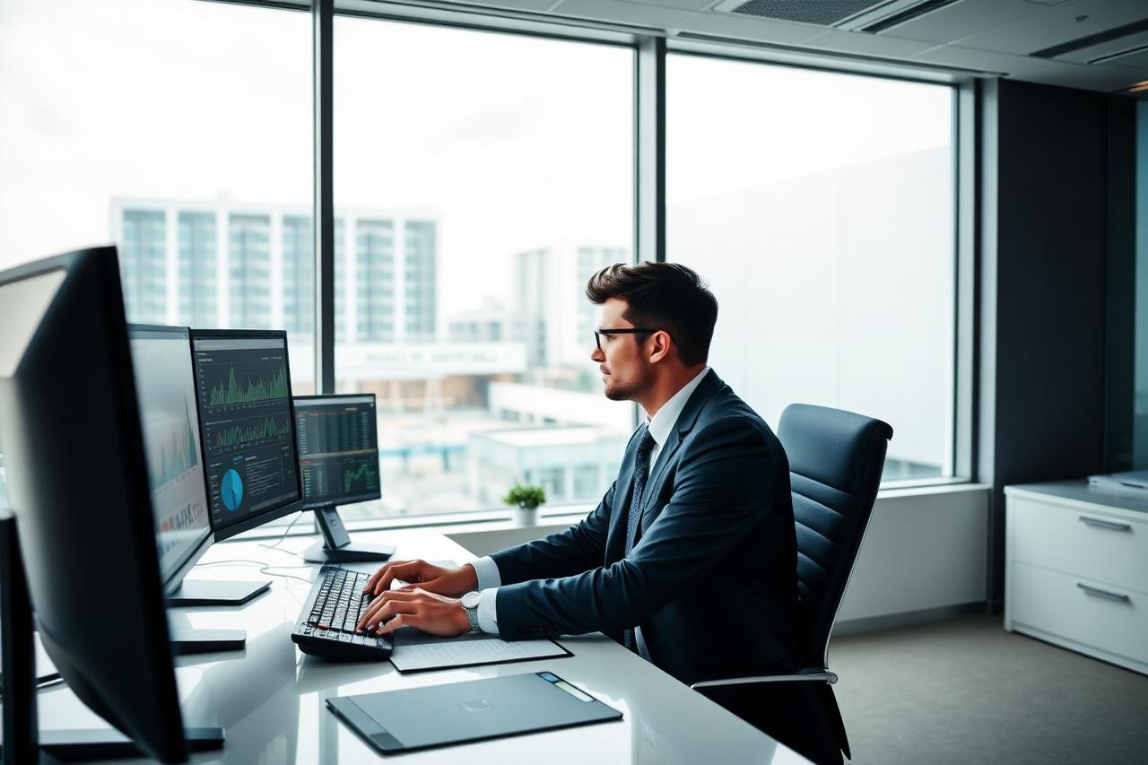 Gestor hospitalar analisando dashboards operacionais