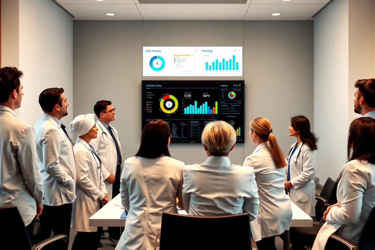 Médicos em reunião administrativa revisando indicadores